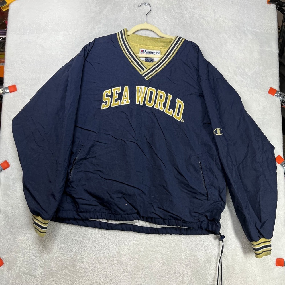 Vintage Champion Sea World Windbreaker Jacket Men's Navy Lined V-Neck - XL